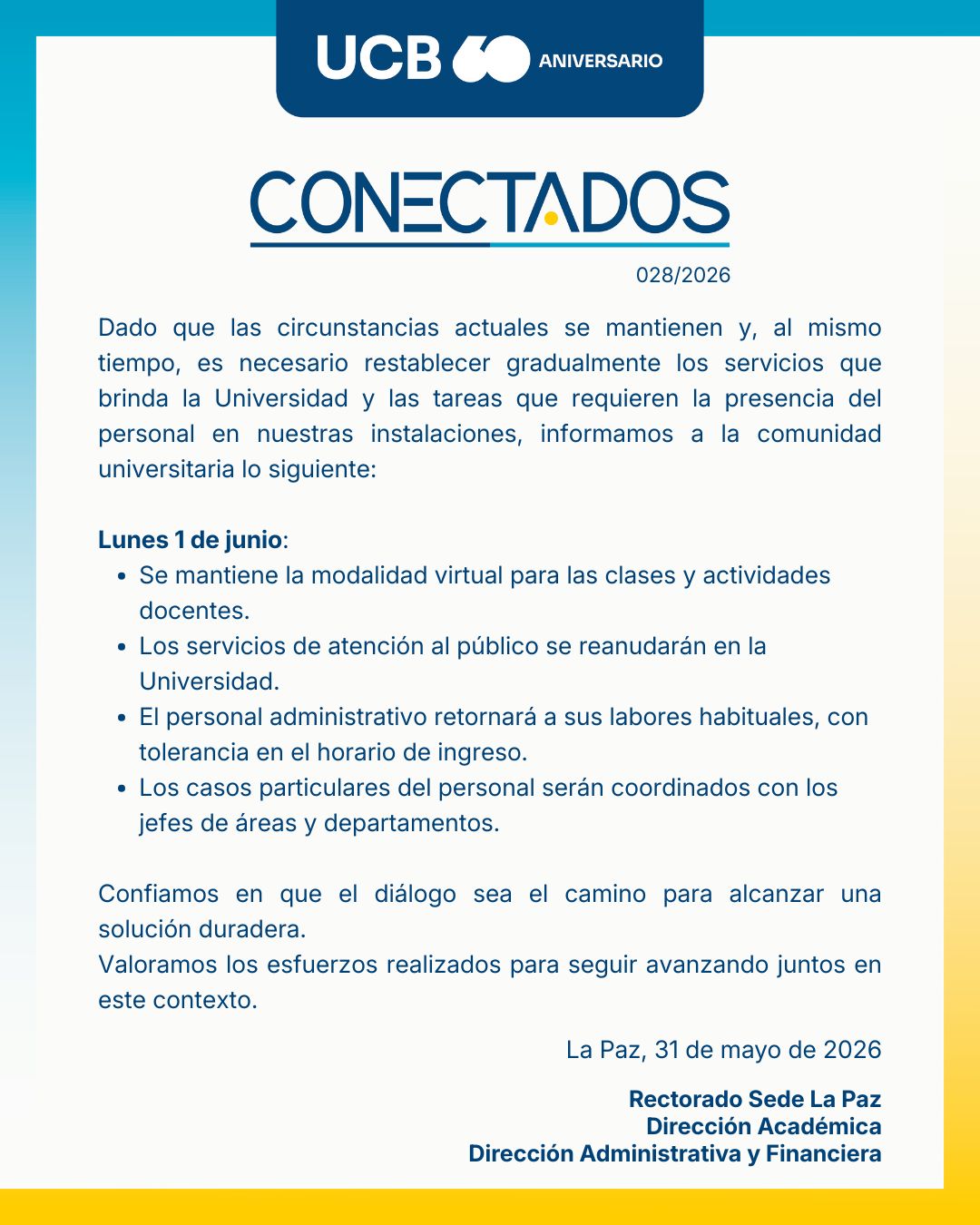 Actividades académicas y administrativas para el lunes 1 de junio de 2026