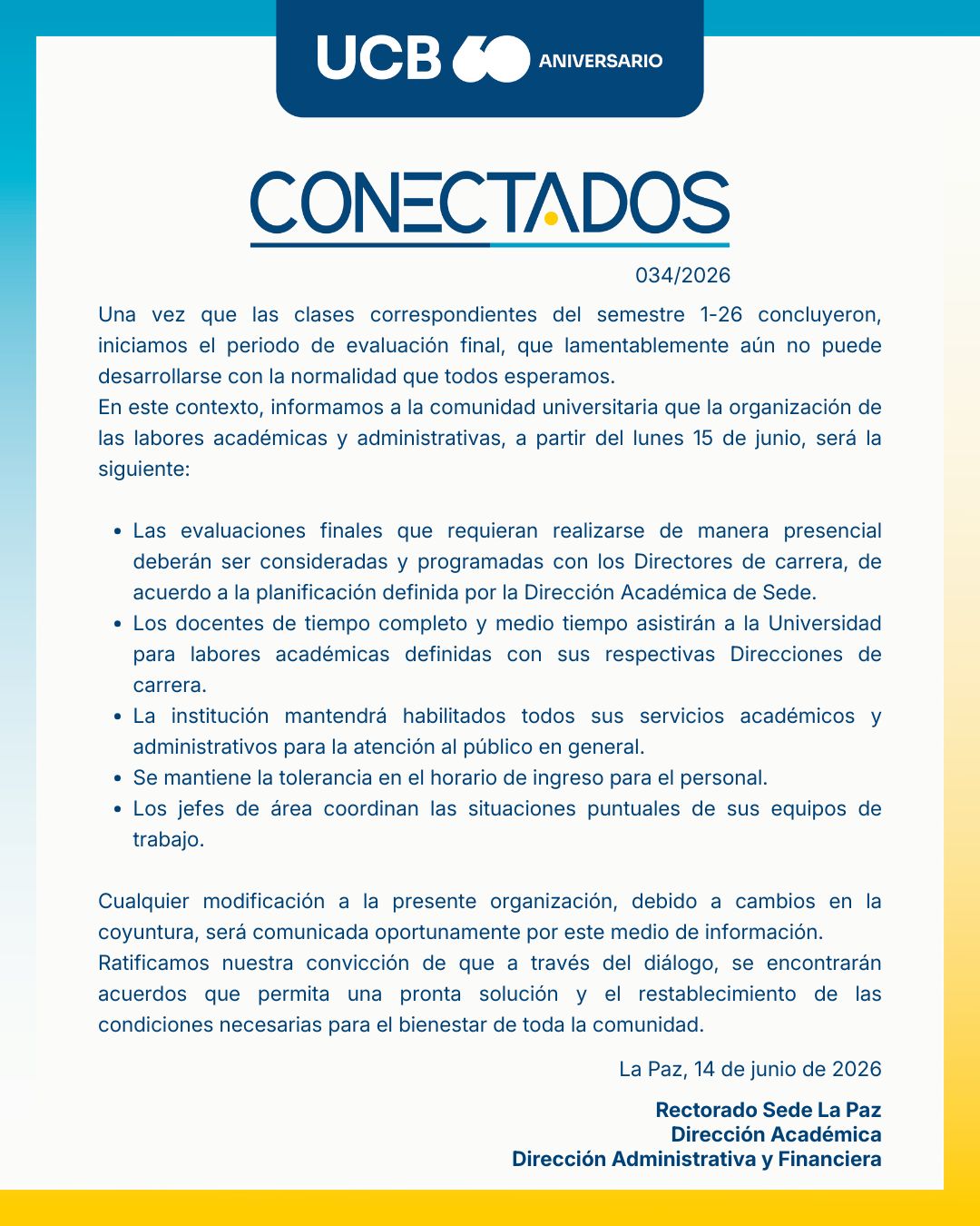 Actividades académicas y administrativas a partir del lunes 15 de junio de 2026